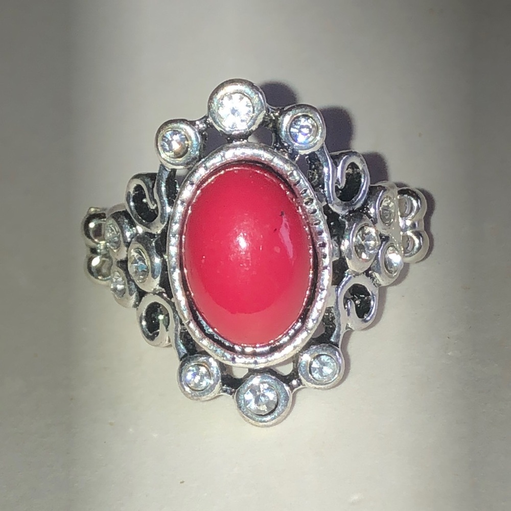 Red Cabochon Silver Tone Boho Statement Ring